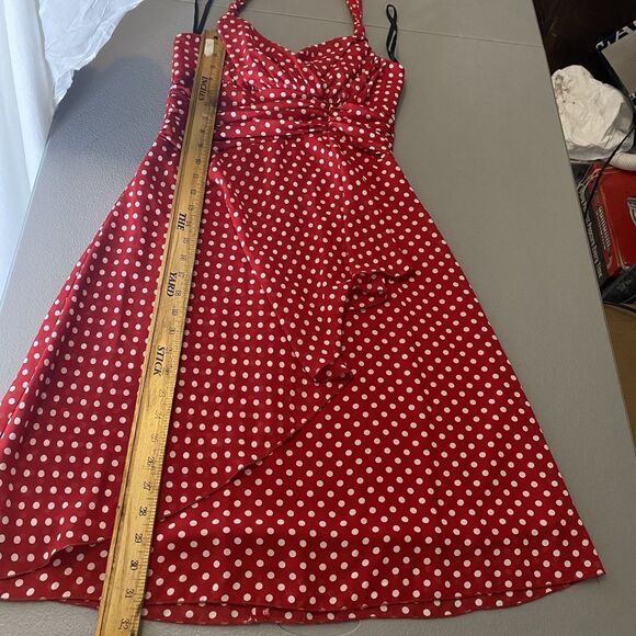 A Byer Halter Dress Red White Polka Dot Faux Wrap Lined Pinup Rockabilly Size 9 - Picture 7 of 13